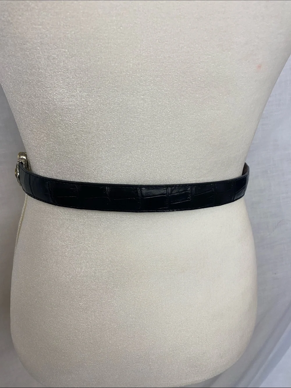 Croc-Effect Black Leather Belt with Ornate Gold Buckle